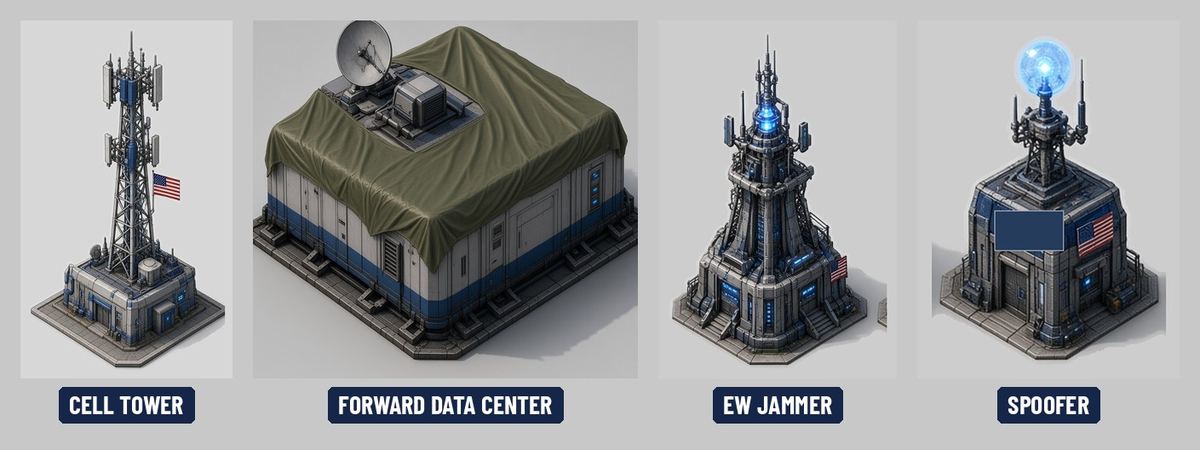 Concept art: Cell Tower, Forward Data Center, EW Jammer, and Spoofer