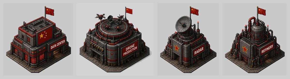 Concept art: lineup of China faction buildings