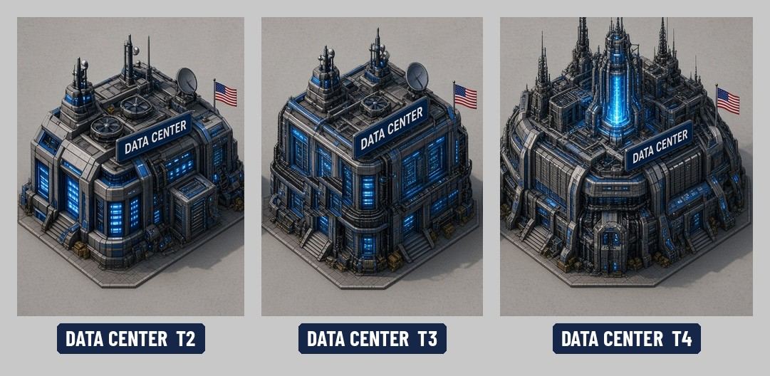 Concept art: three tiers of USA Data Center, tiers 2 to 4