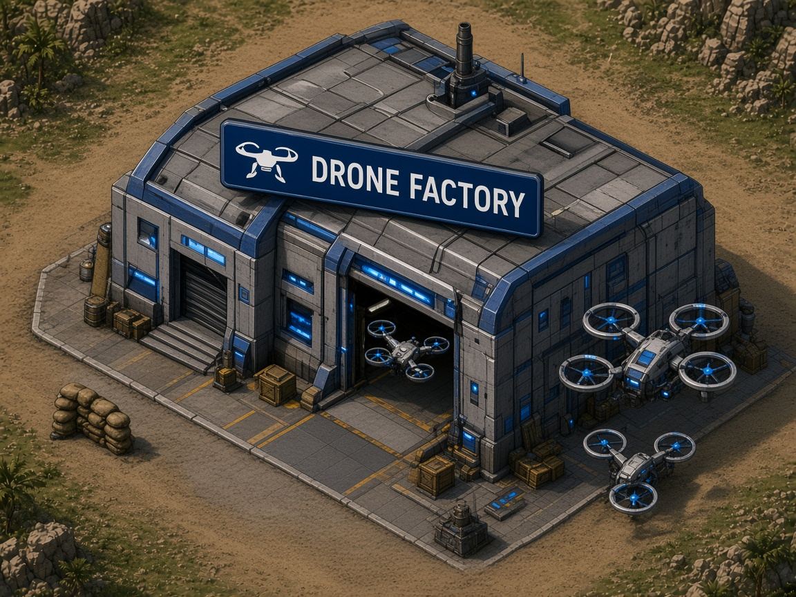 Concept art: USA drone factory with quadcopters on the pad